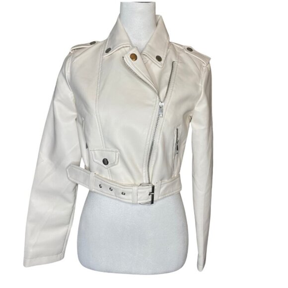 Forever 21 Women's White Faux Leather Moto Belt Zipper Punkcore Bikercore S - Picture 1 of 7